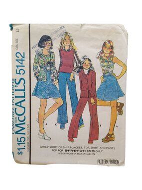 Vintage Sewing PATTERN McCalls 5142, Girls Carefree Stretch Knit 1976 Shirt